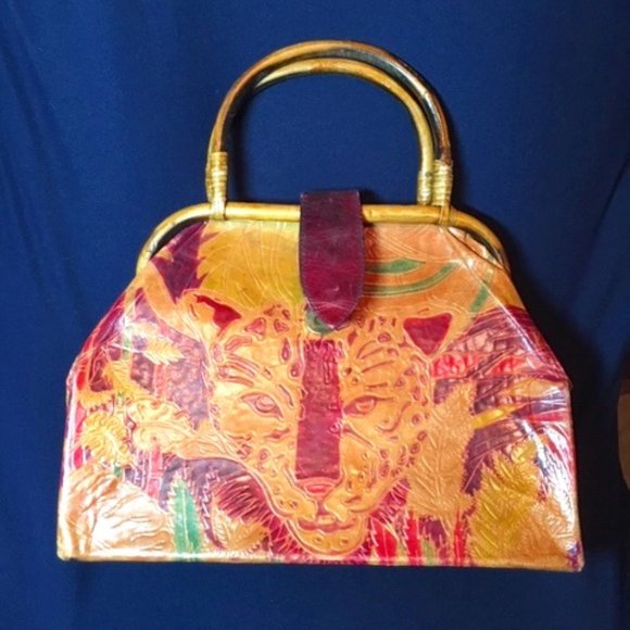 Leather w/ Leopard Safari Embossed Dyed Shantiniketan Stand Up Handbag - Picture 2 of 14